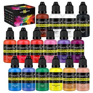 Magicfly Airbrush Paint, 16 Colors Airbrush Paint Set (30 ml/1 oz), Ready to Spray, Opaque & Neon Colors, Water-Based, Premium Acrylic Airbrush Paint Kit for Beginners, Hobbyist and Artists