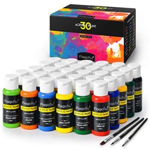 Magicfly 30 Colors Acrylic Paint Set (2 oz/60ml Each), Non-Toxic Craft Paints with 3 Brushes, for Multi-Surface Paint on Easter Decorations, Canvas, Paper, Wood, Stone, Ceramic and Model, Acrylic Paint Art Supplies for Artists, Adults & Kids