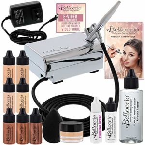 Belloccio Professional Beauty Airbrush Cosmetic Makeup System with 4 Fair Shades of Foundation in 1/4 Ounce Bottles - Kit Includes Blush, Bronzer and Highlighters