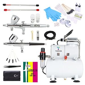 T TOGUSH 0.2mm 0.3mm 0.5mm Airbrush Set with Porfessional Air Compressor for Shoes Cake Decoration Moldel Craft Airbrush Starter Kit with Compressor