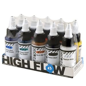 Golden High Flow Acrylic, Assorted 10 Color Set, Burnt Sienna, Carbon Black, Quinacridone Magenta, Hansa Yellow Med, Quin/Nickel Azo Gold, Naphthol Red Light, Phthalo Blue, Phthalo Green, Ultra Blue & Titanium White.,