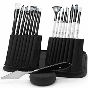 IRO Artist Paint Brush Set of 15. Flat and Round Paint Brushes for Acrylic, Watercolor, Gouache, Oil, face, Body Painting. Palette Knife and Sponge with organizing Pop-up Case. for Adults and Kids