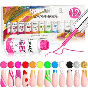 RARJSM Painted Gel Nail Polish Set, Line Art Gel 12 Colors Neon Pink Yellow Green Glitter Sliver Gold Nail Art Painting Gel Manicure Tools DIY Drawing Nail Gel for Line UV LED Required