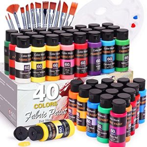 Fabric Paint Set, 40 Colors (60ml, 2oz) Textile Paints with 12 Brushes & 1 Palette, Non-Toxic for Clothes, T-Shirts,Canvas, Jeans, Bags, Shoes，All DIY Projects ,No Heating Needed