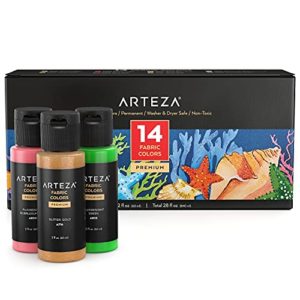 Arteza Fabric Paint for Clothes, Set of 14, 2 fl oz Bottles, Washable Acrylic Textile Paint, Art Supplies for Drawing on T-Shirts, Denim, Cotton, Linen, and Mixed Fabrics