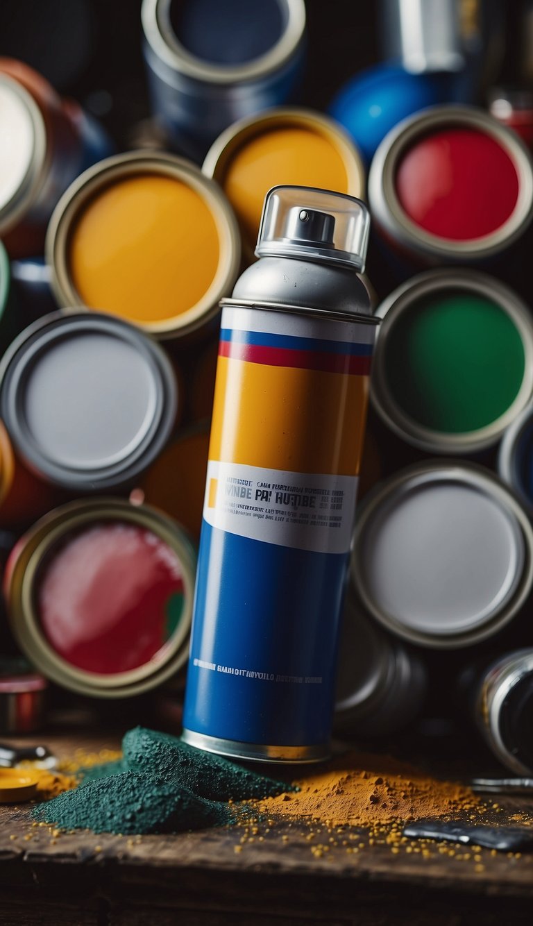 A hand holding a can of spray paint, surrounded by various types of paint cans and brushes on a workbench