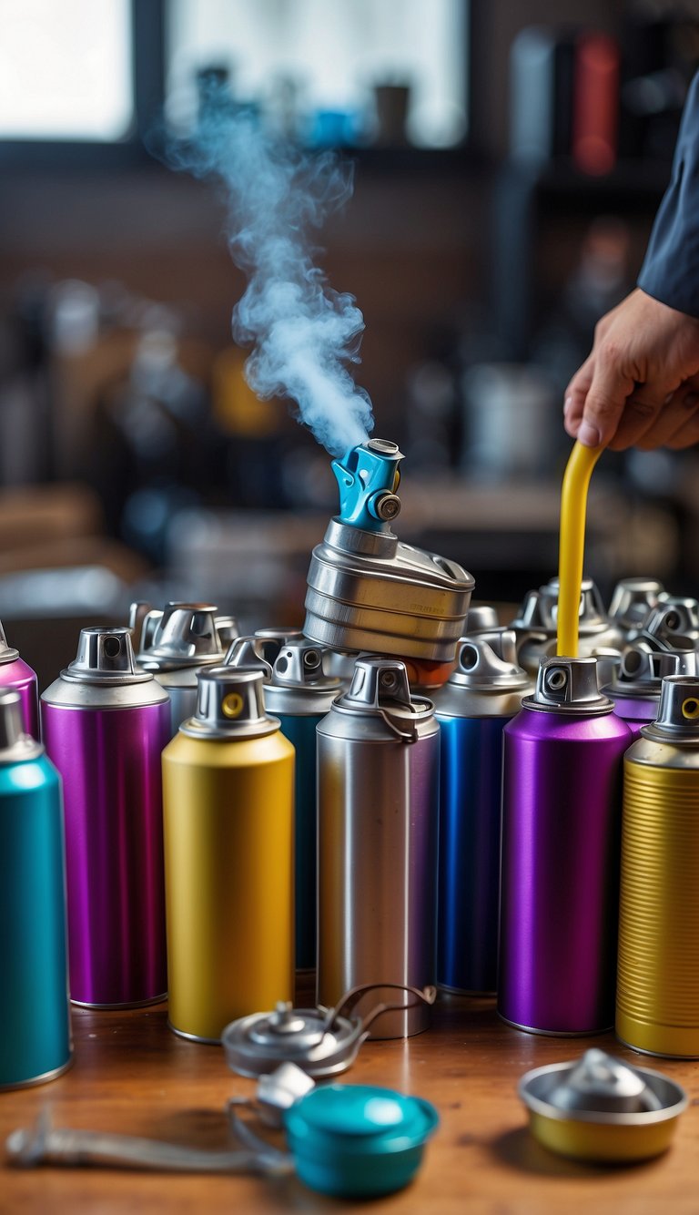 Spray painting cans arranged on a table with various nozzles and caps. A hand holding a can in motion, creating a mist of color