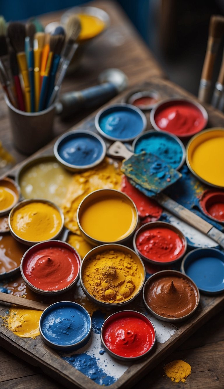 A palette with primary colors - yellow, red, and blue - next to paintbrushes and mixing trays. A chart showing color combinations for making yellow paint