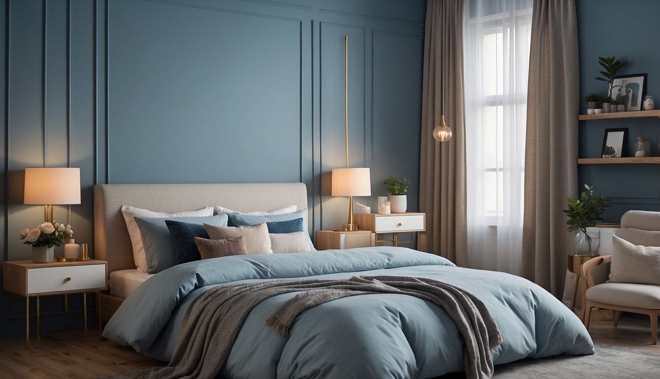 A serene bedroom with soft blue walls, cozy bedding, and warm lighting