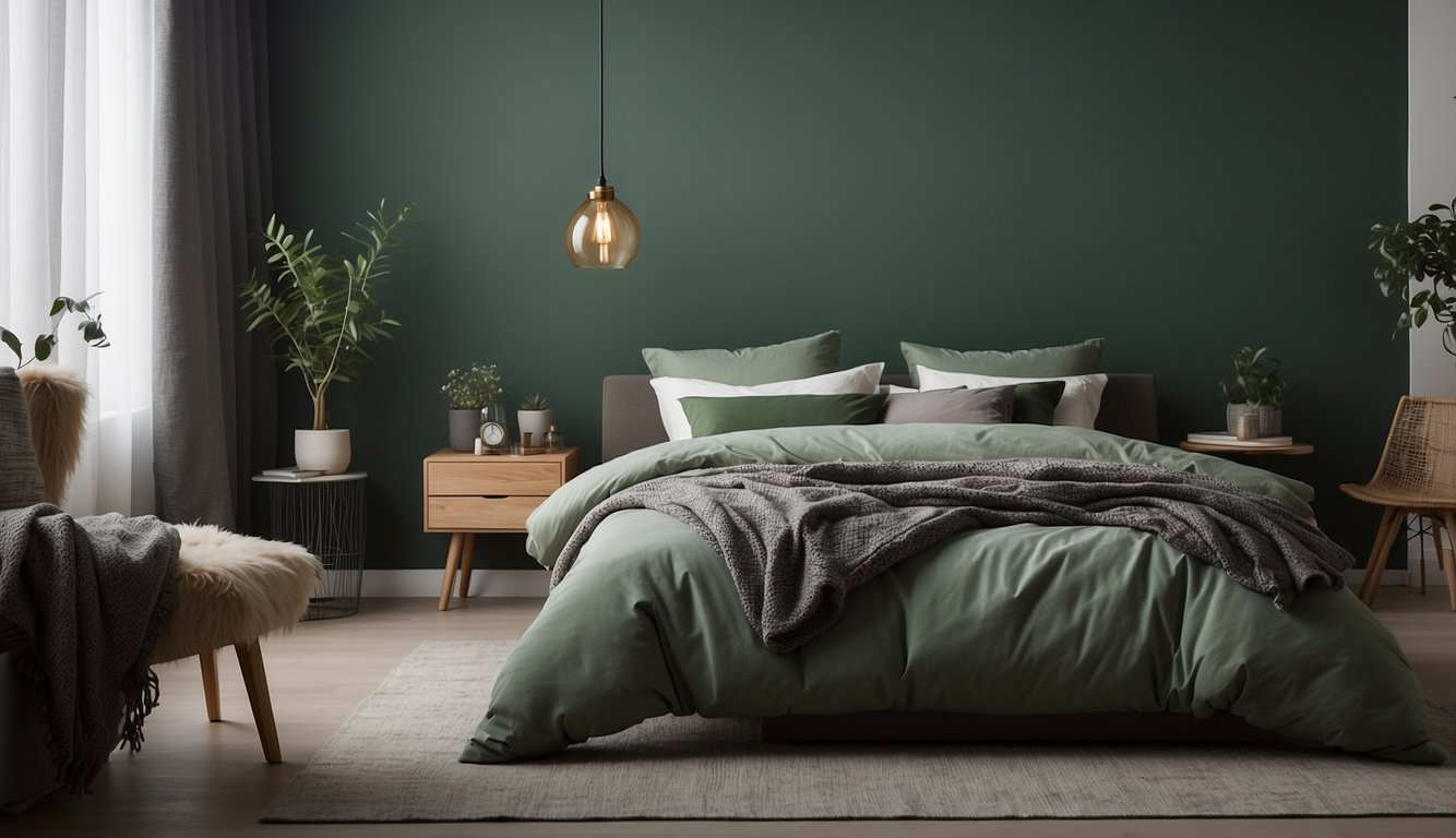 A serene bedroom with muted green walls, soft lighting, and cozy bedding