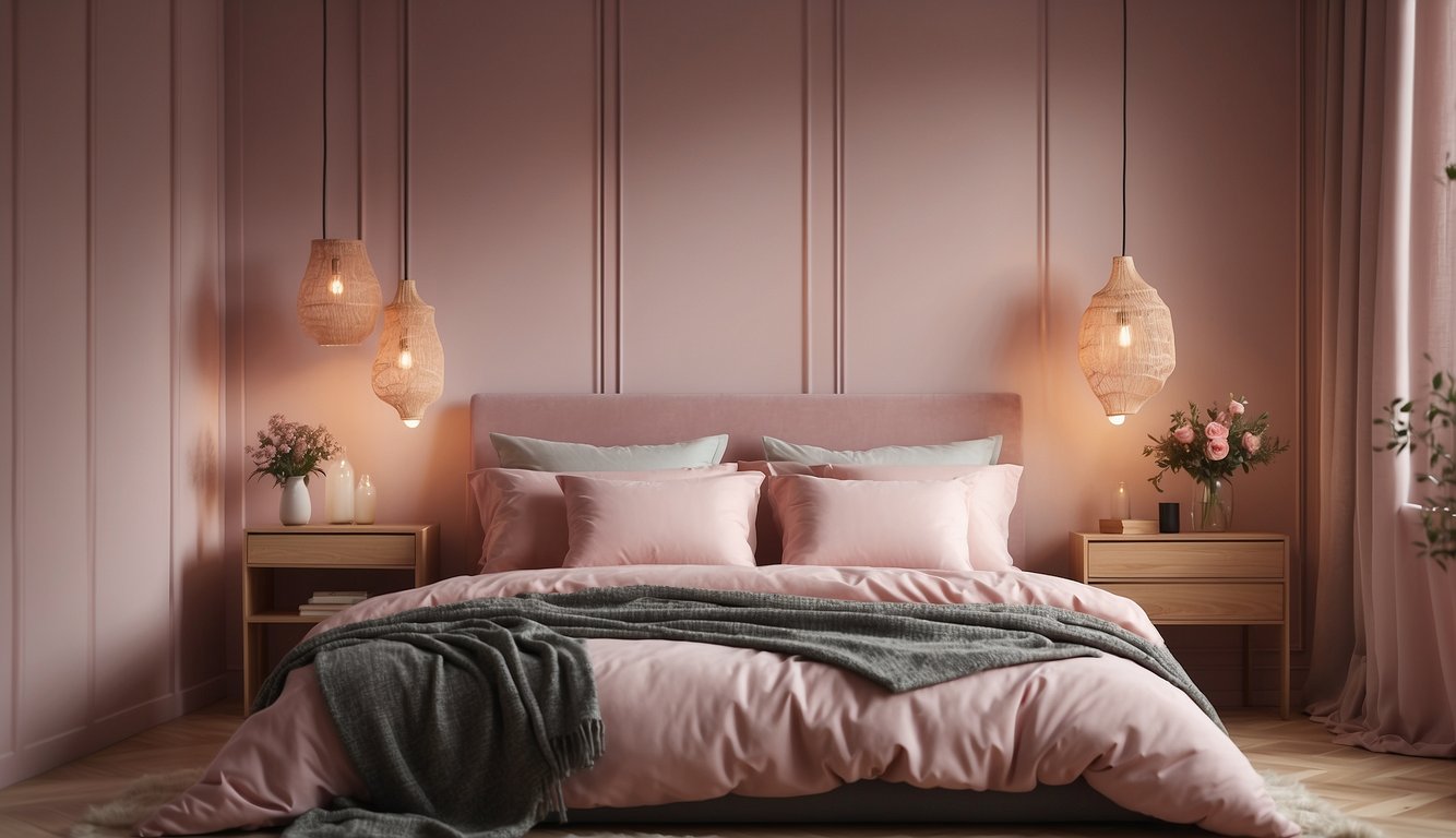 A bedroom painted in powder pink with soft lighting and cozy bedding