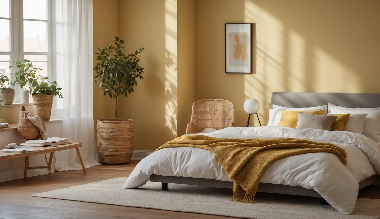 A bedroom with pale yellow walls, soft lighting, and cozy decor