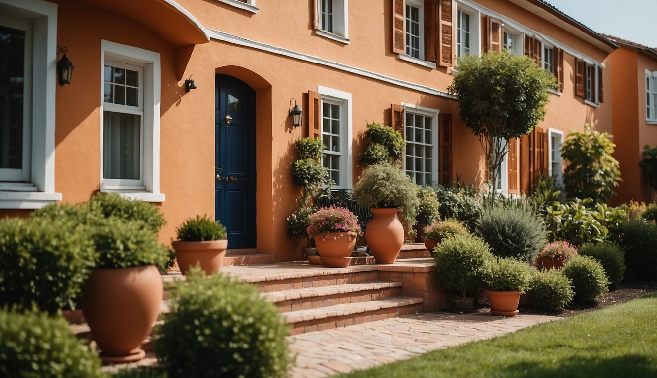 Vibrant house exteriors in various shades: navy blue, olive green, terracotta, and more. Each color complements the unique architecture and landscaping