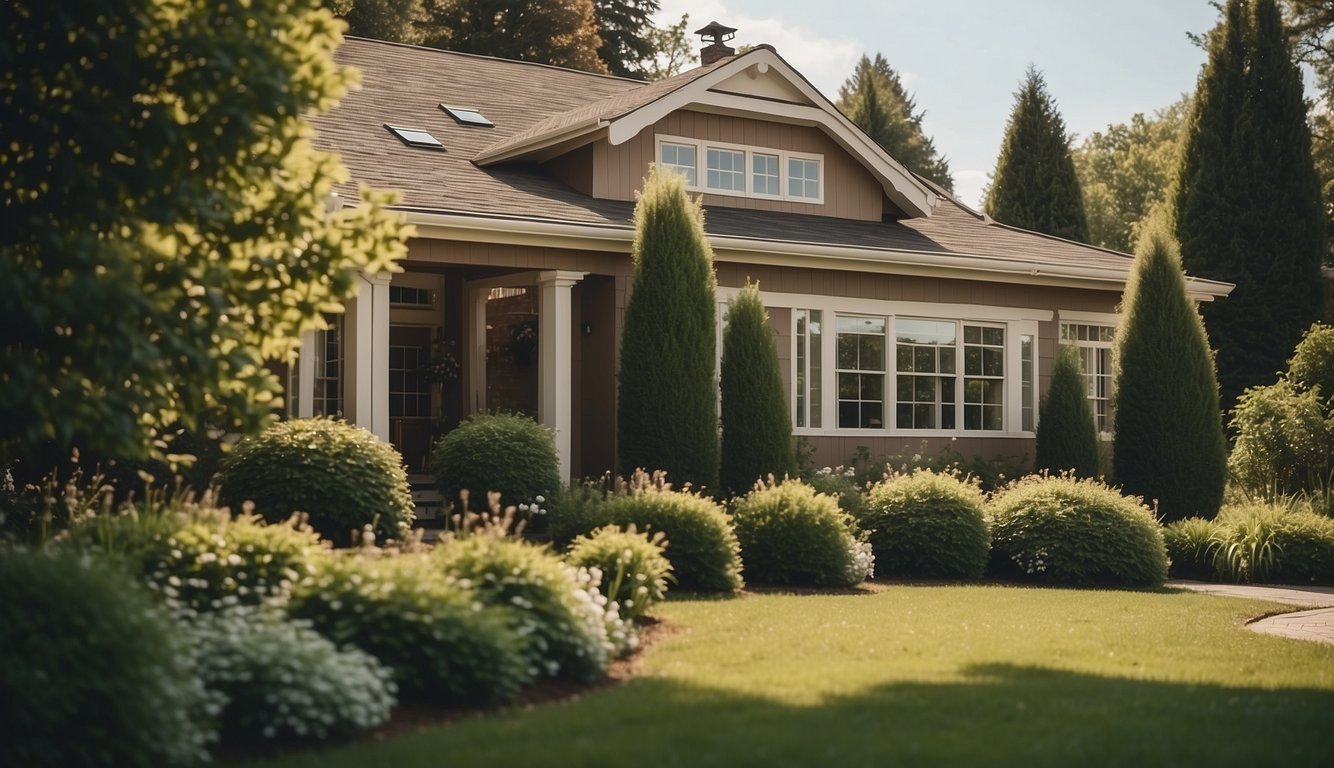 A cozy suburban house with warm taupe exterior paint, surrounded by lush greenery and a clear blue sky