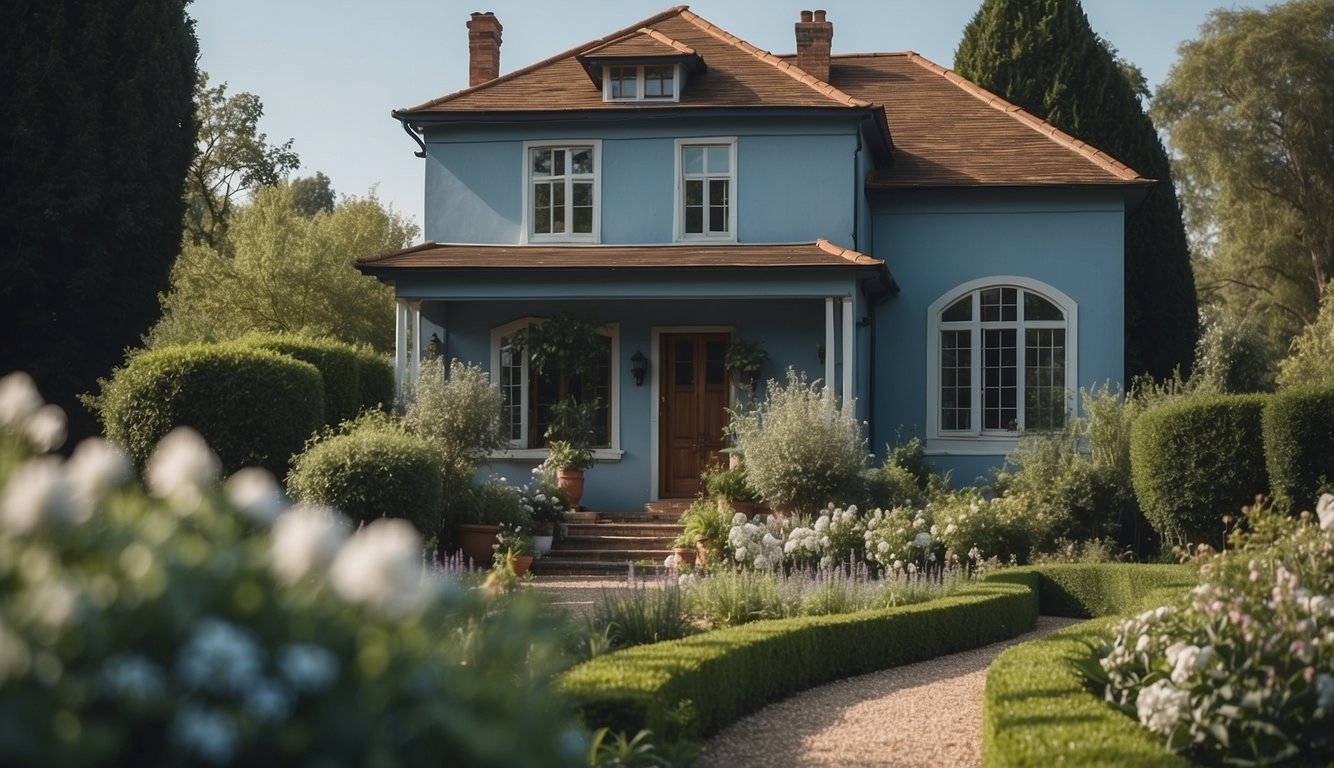 A quaint house with a dusty blue exterior stands against a clear sky, surrounded by lush greenery and a neatly manicured garden