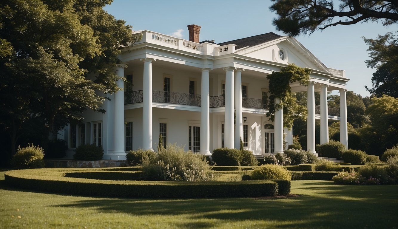 A classic white house stands against a clear blue sky, surrounded by lush greenery and a neatly manicured garden