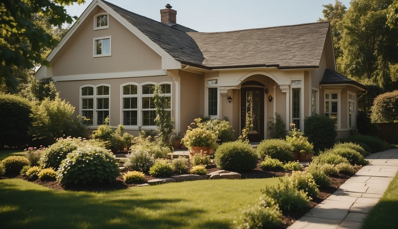 A cozy suburban house with a warm, creamy beige exterior, surrounded by lush green landscaping and a clear blue sky