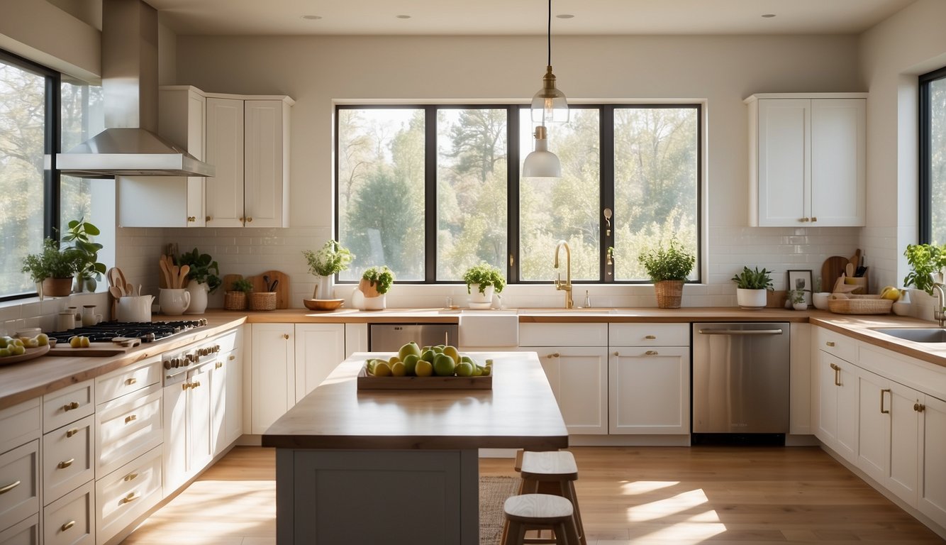 A bright, airy kitchen with white cabinets and walls painted in Decorator's White by Benjamin Moore. The sunlight streams in through the windows, casting a warm glow on the clean, modern space