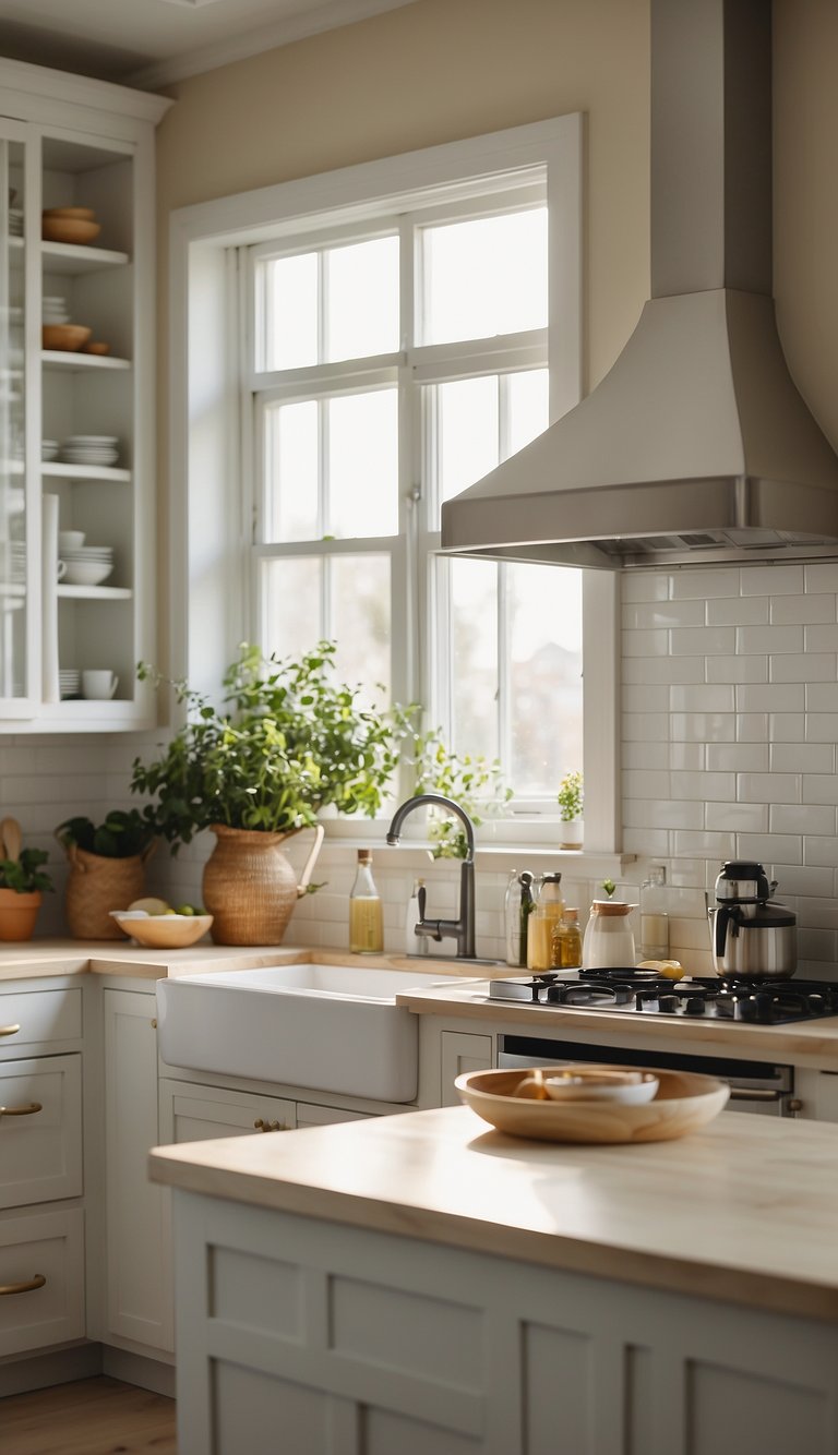 A bright, organized kitchen with freshly painted cabinets in a light, neutral color. Sunlight streams through the window, casting a warm glow on the clean countertops and modern appliances