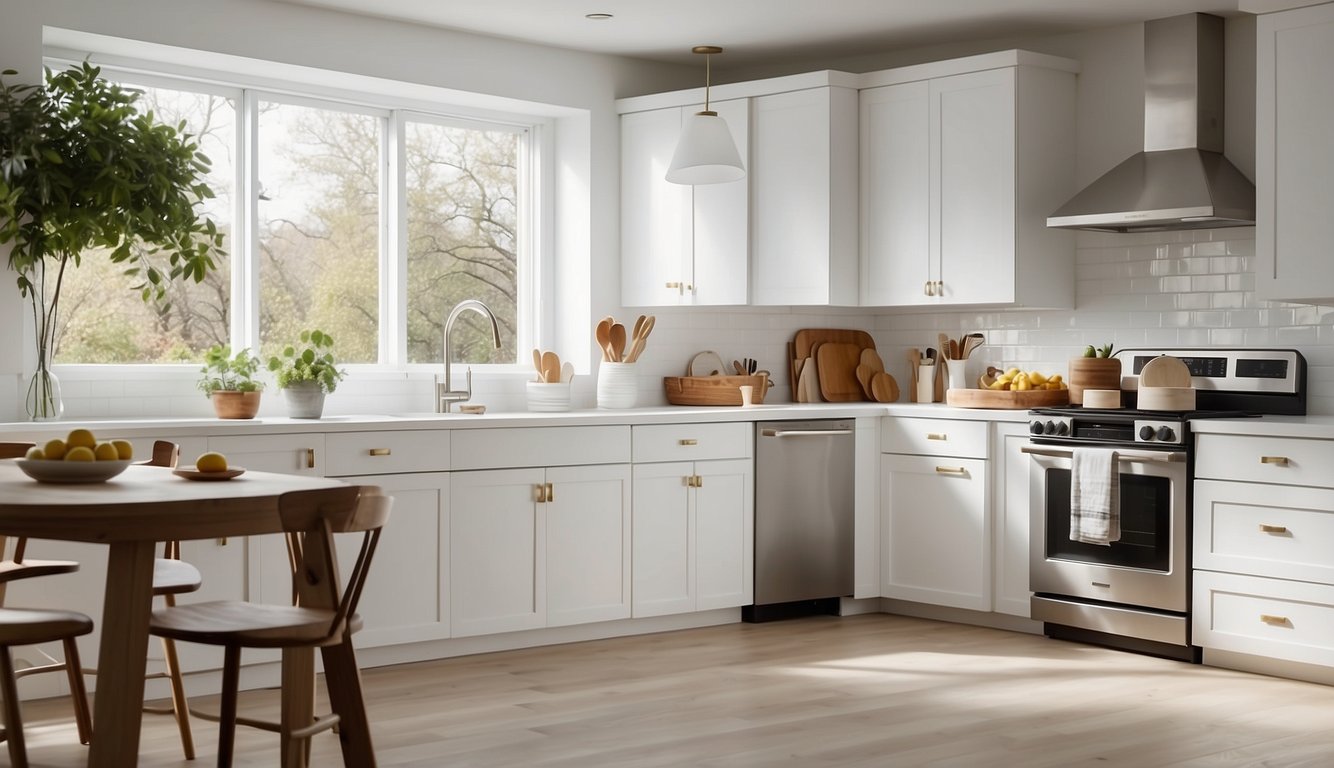 A bright kitchen with white cabinets, featuring Simply White by Benjamin Moore paint. Clean lines and a modern feel