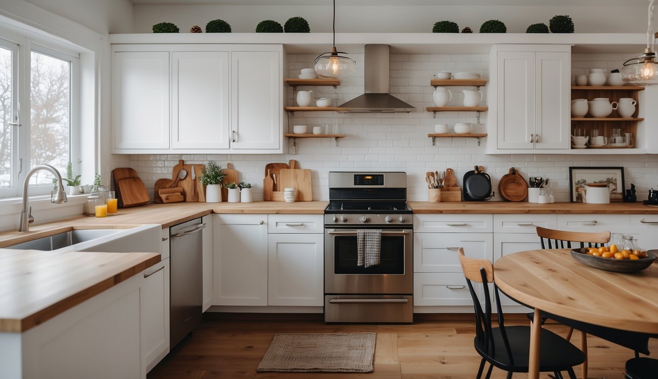 A cozy white kitchen with snowbound walls, accented by warm wood cabinets and a pop of color