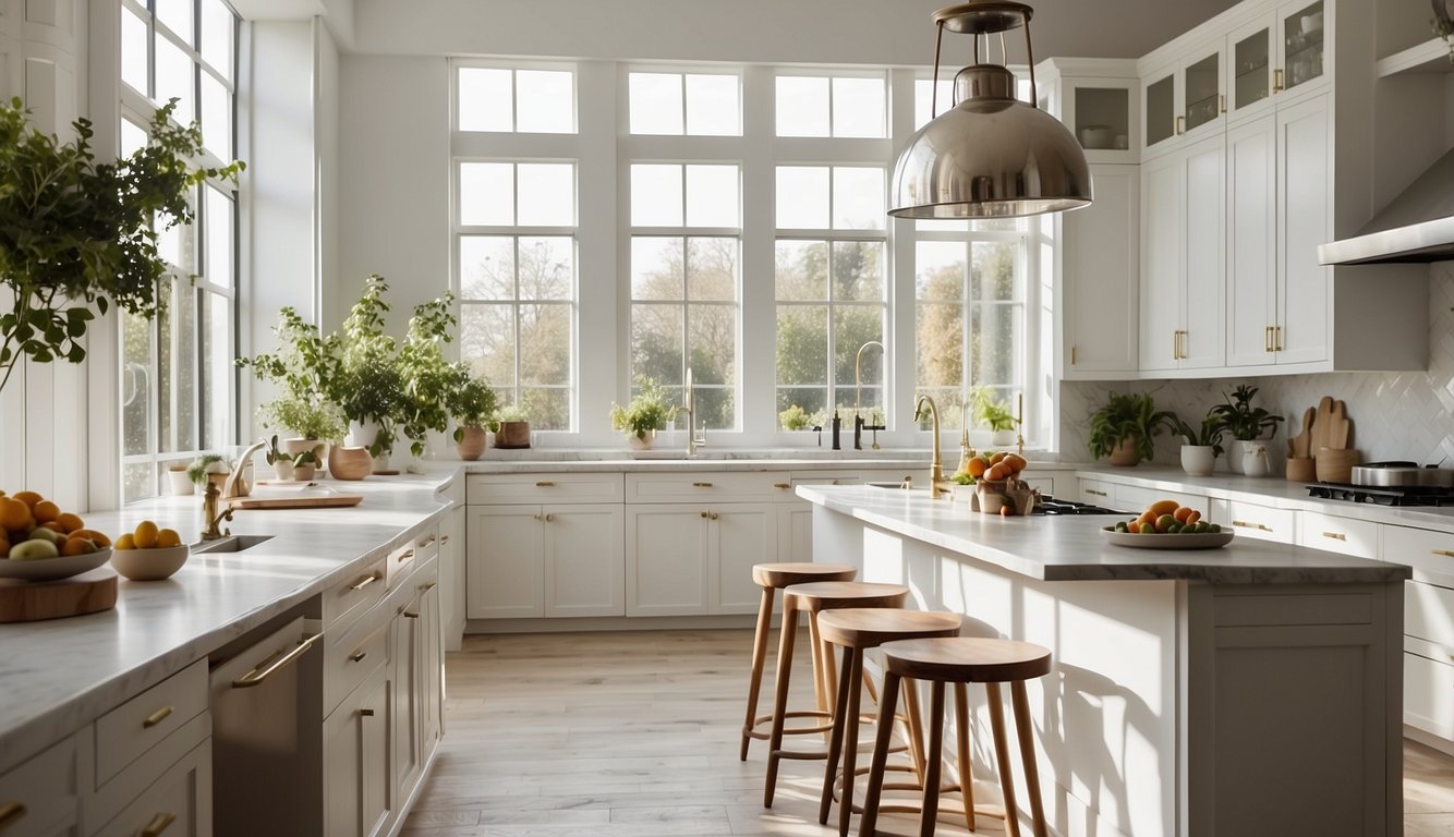 A bright, airy kitchen with white cabinets and Chantilly Lace walls. Sunlight streams in through large windows, illuminating the clean, modern design