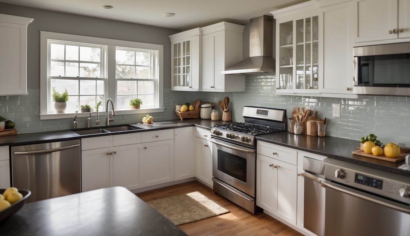 A bright kitchen with Revere Pewter walls, white cabinets, and stainless steel appliances. Natural light floods the space, creating a warm and inviting atmosphere