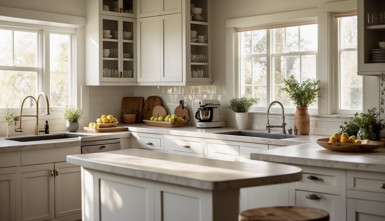 A bright kitchen with white cabinets and countertops. Sunlight streams in through a window, illuminating the room. The walls are painted in a soft, creamy white color called Swiss Coffee by Kelly-Moore