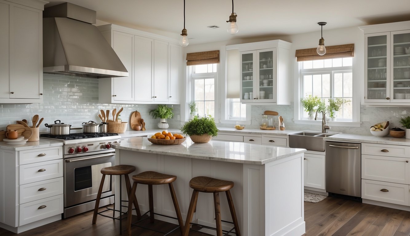 A bright, airy kitchen with Sea Salt walls, white cabinets, and stainless steel appliances. The natural light floods the space, creating a serene and inviting atmosphere