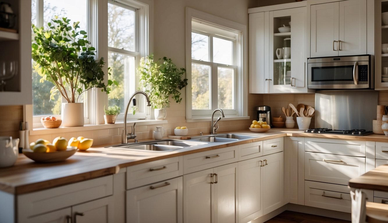 A bright, airy kitchen with Pale Oak walls, white cabinets, and stainless steel appliances. The sunlight streams in through the windows, casting a warm glow over the space