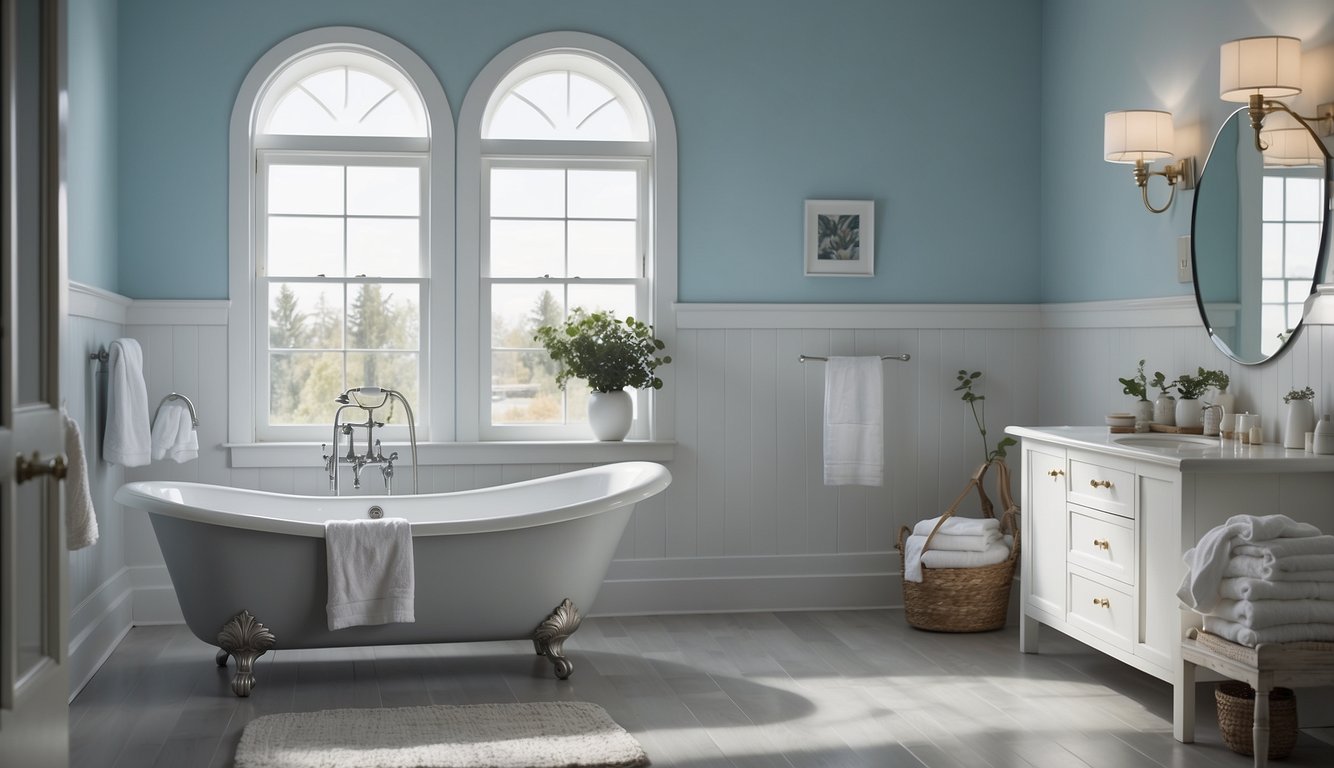 A bathroom with light blue walls, white fixtures, and natural light streaming in through a window. A soft gray accent color complements the overall serene and clean aesthetic