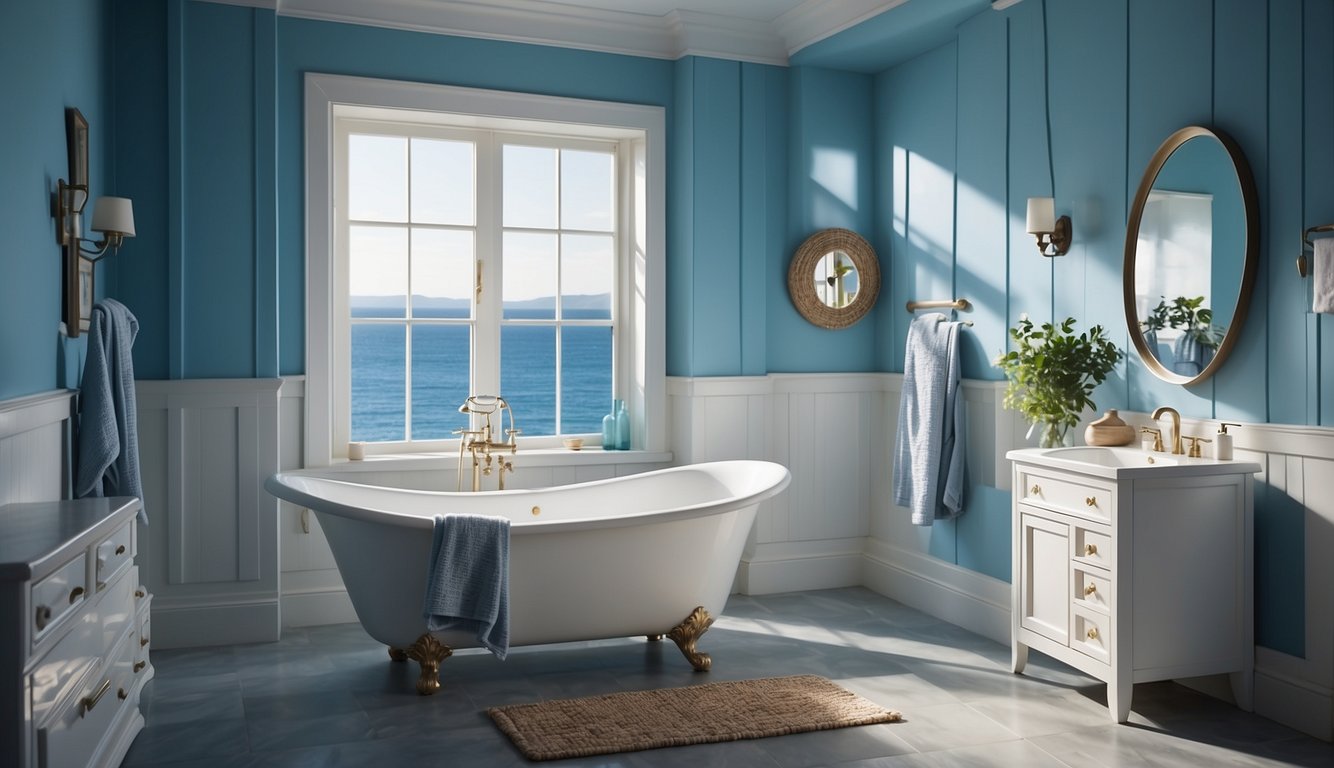 A serene bathroom with ocean blue walls, white fixtures, and natural light streaming in through a window