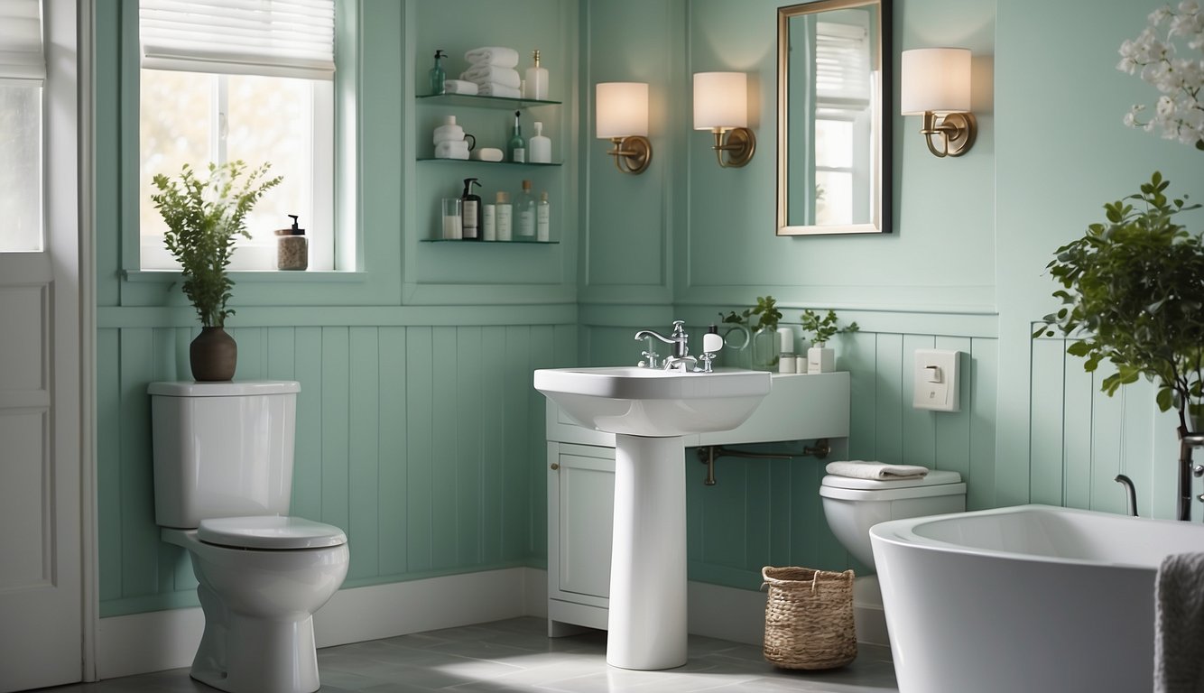 A serene bathroom with soft mint walls, white fixtures, and natural light streaming in