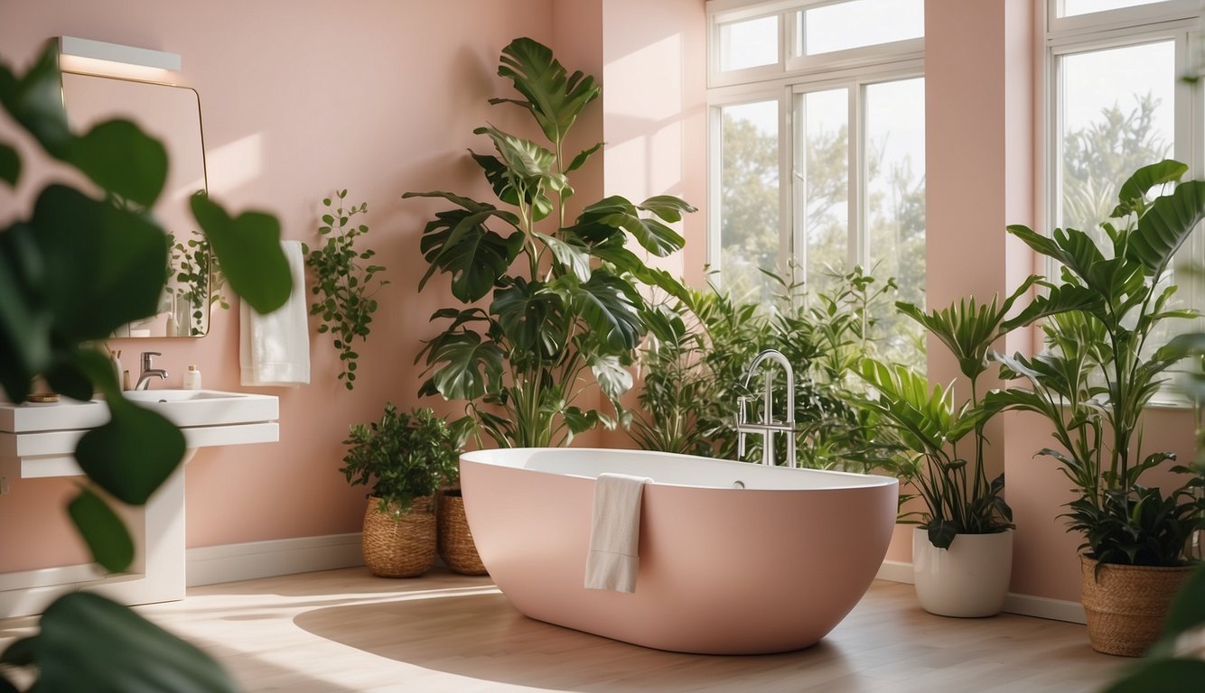 A soft, pastel pink bathroom with natural light, white fixtures, and green plants