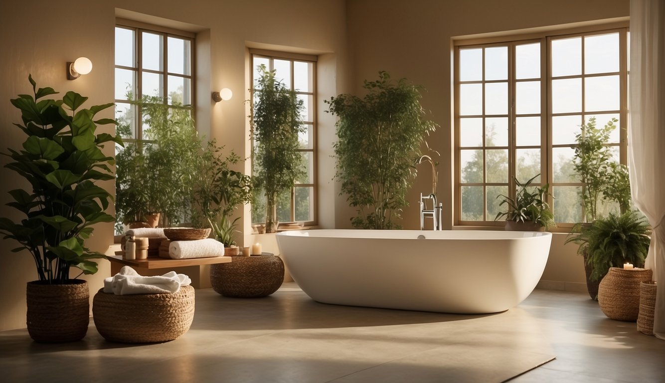 A bathroom with warm beige walls, soft lighting, and a cozy bathtub surrounded by greenery and natural elements