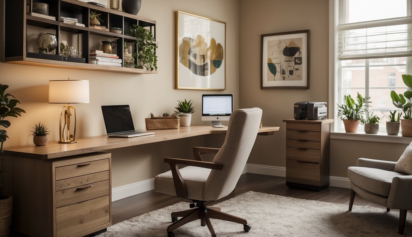 A well-lit home office with warm, neutral walls and pops of color in the decor. A sleek desk and comfortable chair create a productive environment