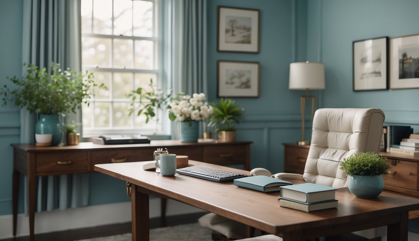 A serene home office with Palladian Blue walls, natural light, and a cozy desk setup