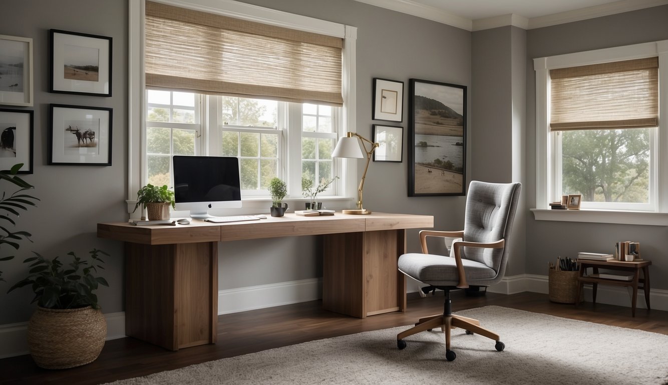 A cozy home office with Edgecomb Gray walls, a sleek desk, and a comfortable chair. Natural light streams in through a large window, illuminating the space