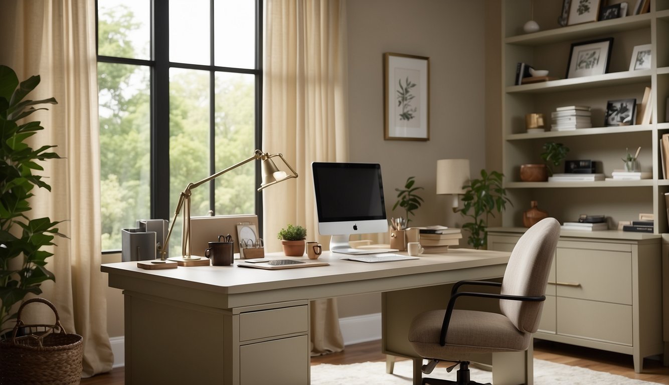 A well-lit home office with walls painted in Benjamin Moore's Manchester Tan HC-81. A sleek desk, comfortable chair, and organized shelves create a productive workspace