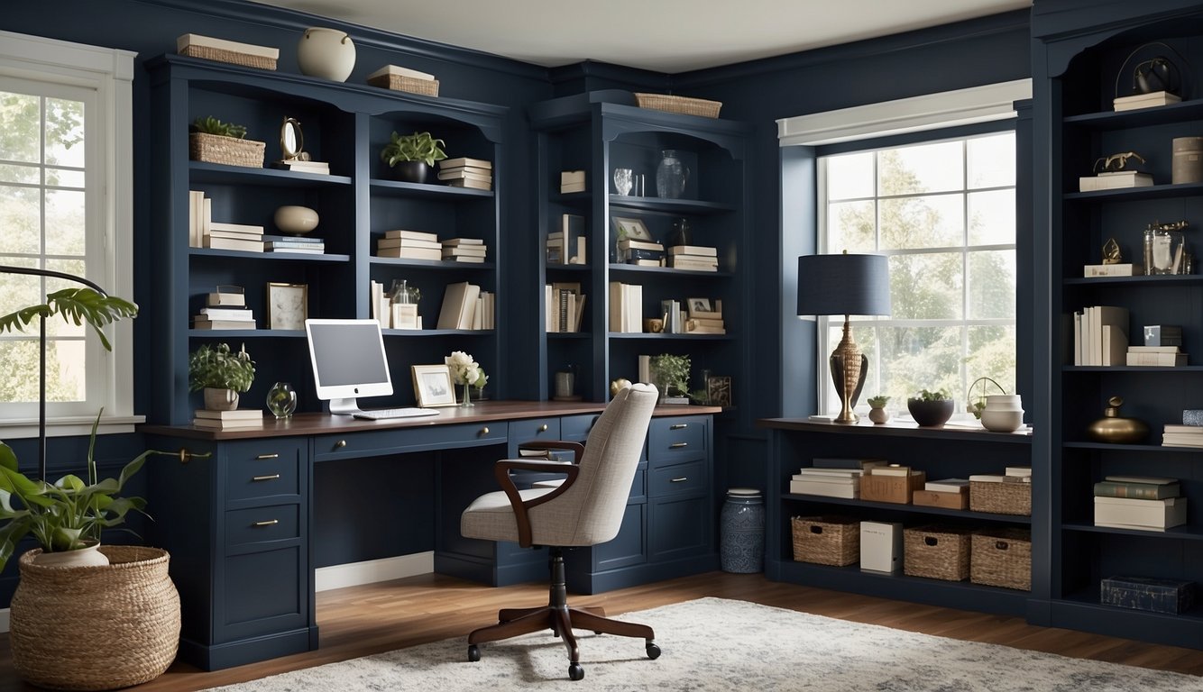 A home office with walls painted in Hale Navy HC-154 by Benjamin Moore. A desk, chair, and bookshelves are neatly arranged in the room