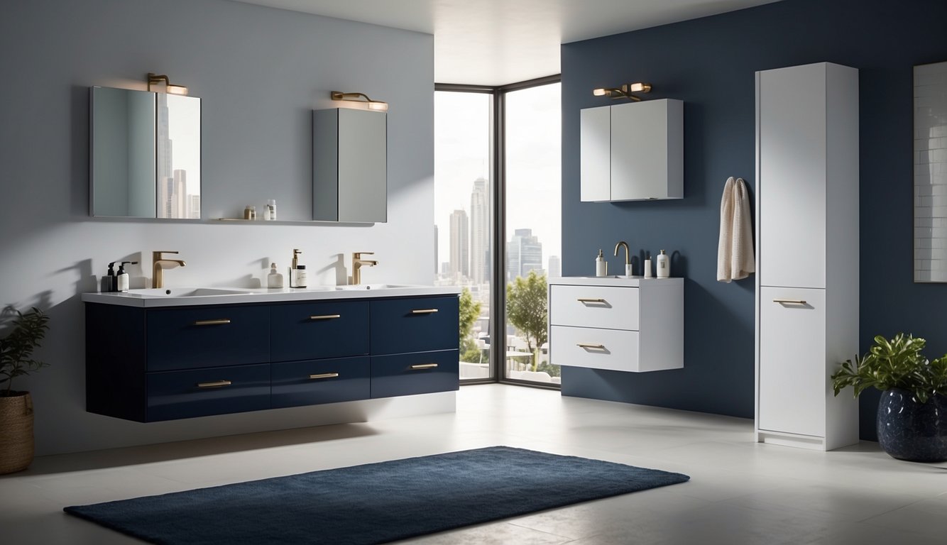 Bathroom cabinets in various shades: navy, gray, white, and pastels. Light reflecting off glossy surfaces. Clean lines and modern hardware