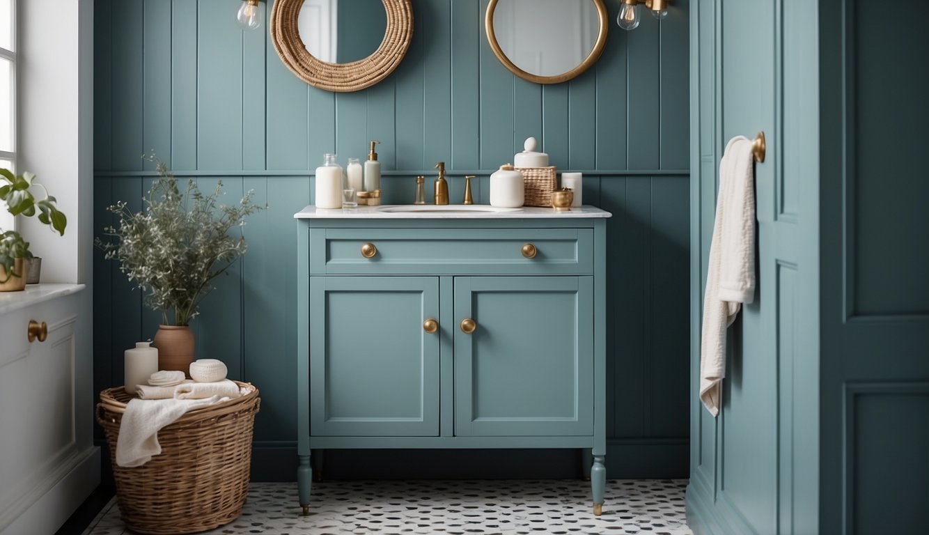 A bathroom cabinet painted in Farrow & Ball Oval Room Blue, surrounded by white tiles and bath accessories