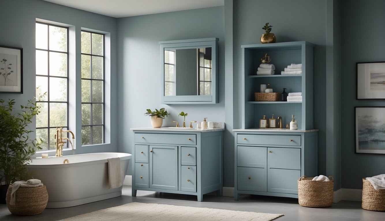 A bathroom cabinet painted in PPG Timeless Sky reflects the soft, calming hues of the sky, creating a serene and tranquil atmosphere