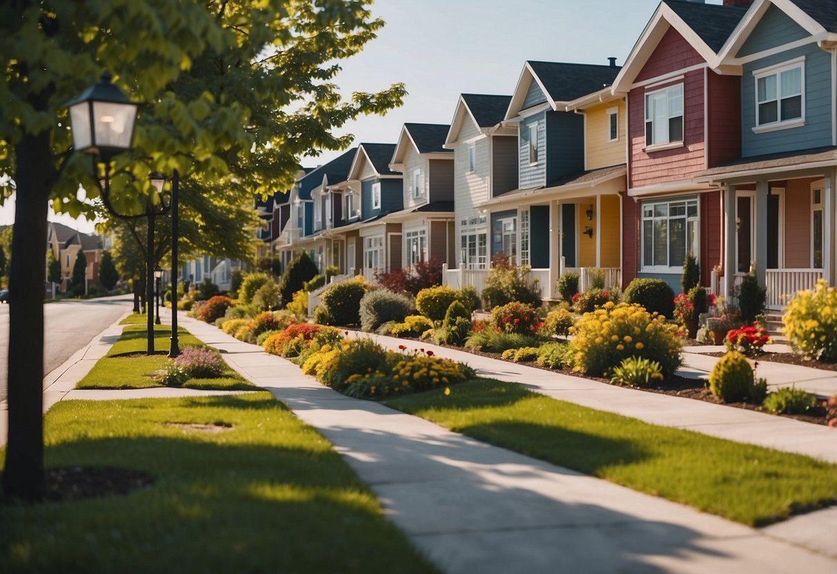 A sunny suburban street with seven houses, each painted in a different color combination from the list. The houses are well-maintained with manicured lawns and colorful flower beds