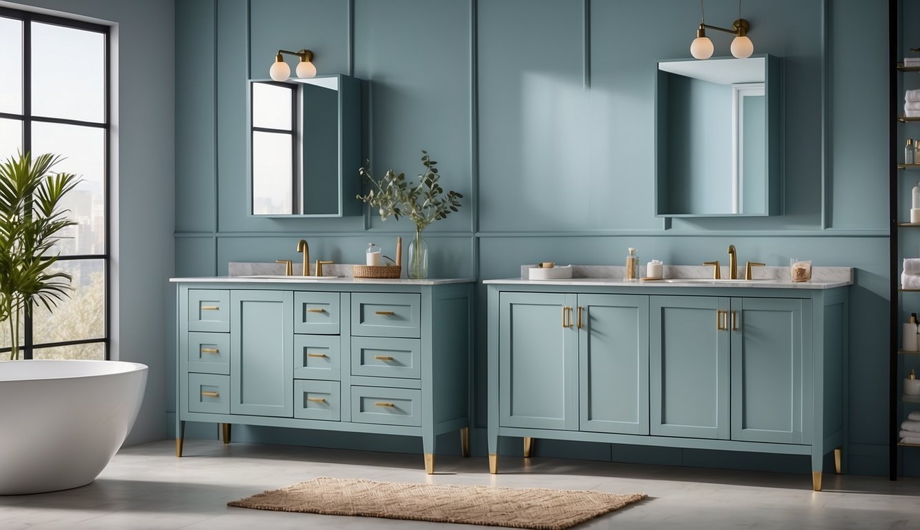 A bathroom cabinet painted in Valspar Sea Salt Blue, with a clean and modern design