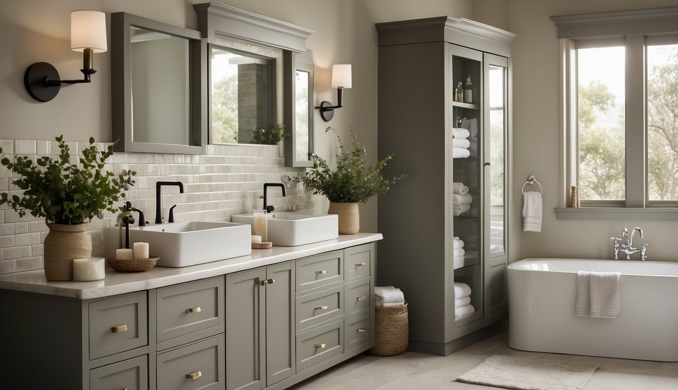 A bathroom cabinet painted in Dunn-Edwards Whisper 9, surrounded by neutral-toned tiles and bath accessories