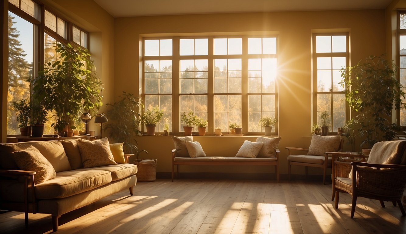 Sunlight streams into a room with west-facing windows, casting warm, golden hues on the walls. The paint colors, including soft yellows and warm neutrals, create a cozy and inviting atmosphere