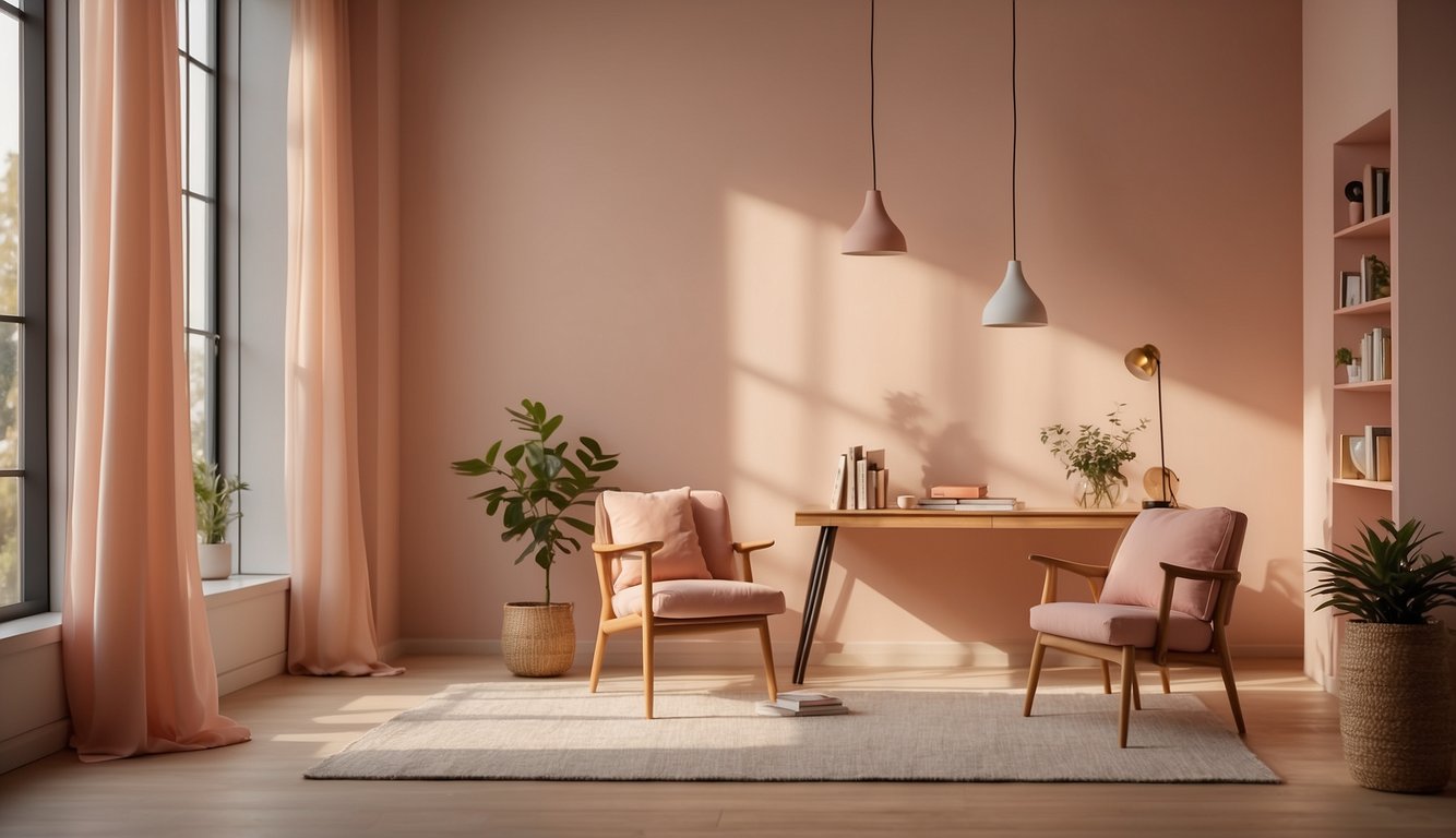 A room with west-facing light, walls painted in blushing peach, casting warm, soft glow on furniture and decor