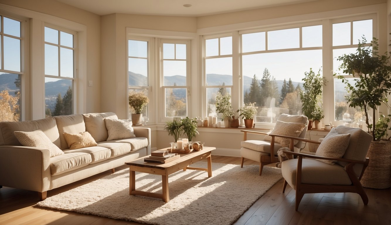 A cozy living room with warm sunlight streaming through west-facing windows. Walls painted in calming cream hues, creating a serene and inviting atmosphere