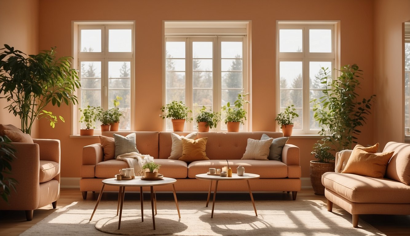 A bright, sunlit room with warm apricot-colored walls, casting a soft glow on the furniture and decor. The sunlight filters in from the west-facing windows, creating a cozy and inviting atmosphere